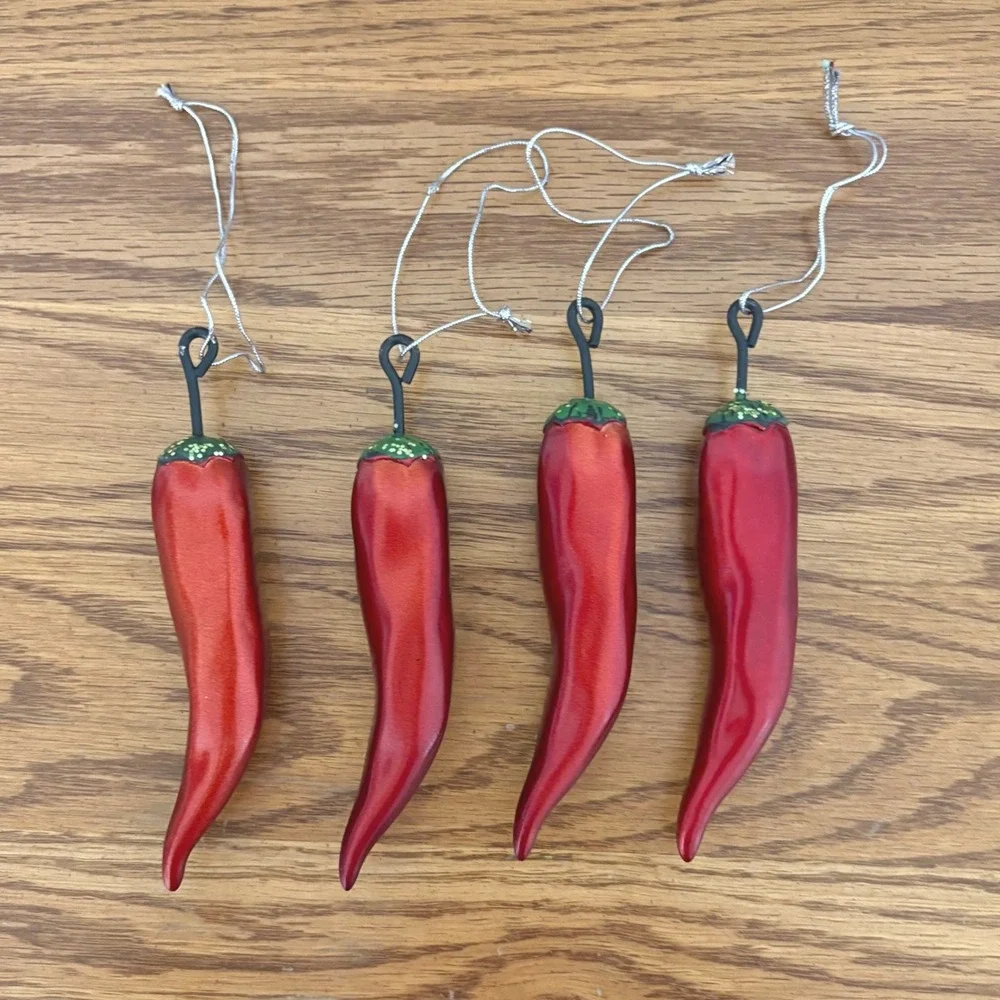 Red Chili‎ Pepper Christmas Ornaments Set of 4 Metallic Glitter Southwest